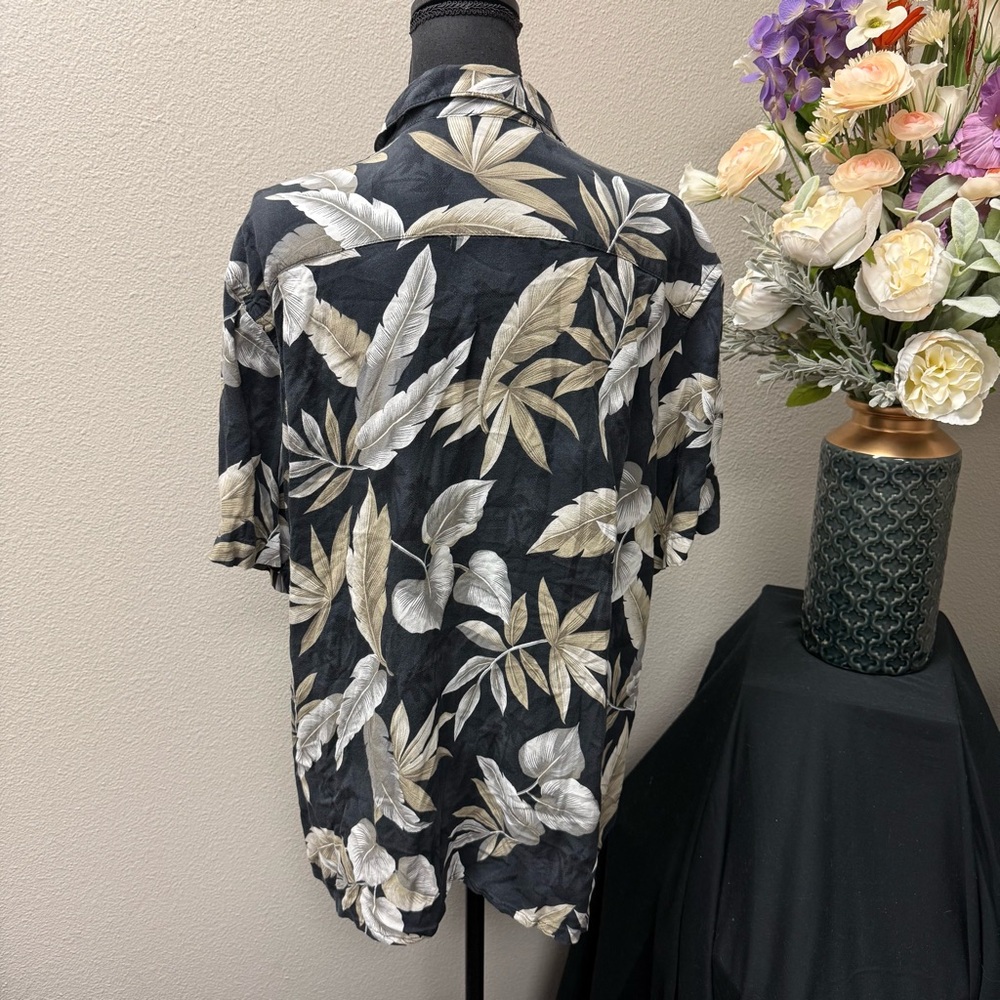 Campia Rayon Hawaiian Shirt XL | Black Tan Tropical Leaf Print Summer Cruise - Picture 4 of 9